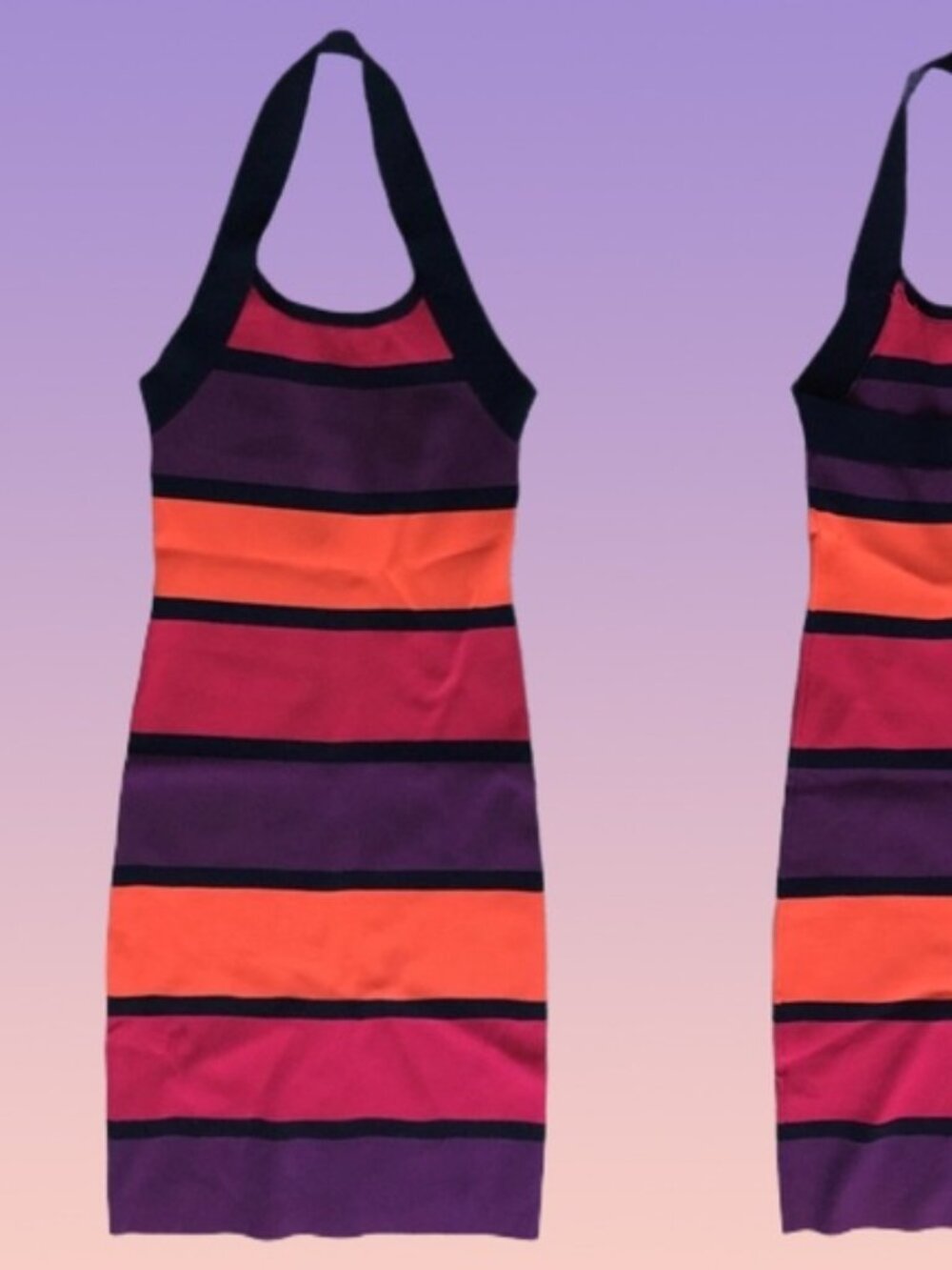 Express Purple Orange Pink Stripe Halter Stretch Cocktail Dress Zips Packable XS